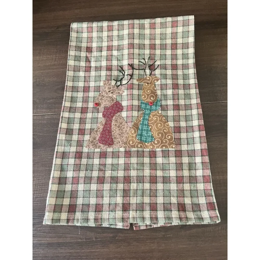 Vtg Hand Tea Towel Plaid Checkered Christmas Patchwork Handmade Reindeer